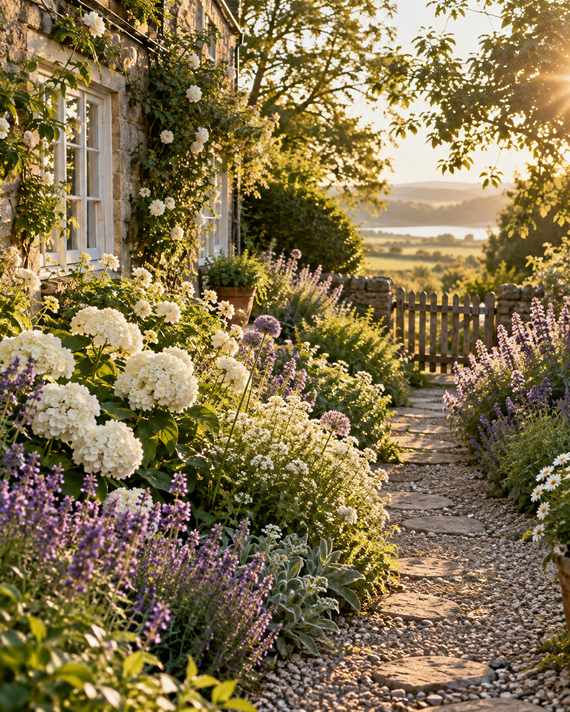 A sunlit garden full of flowers